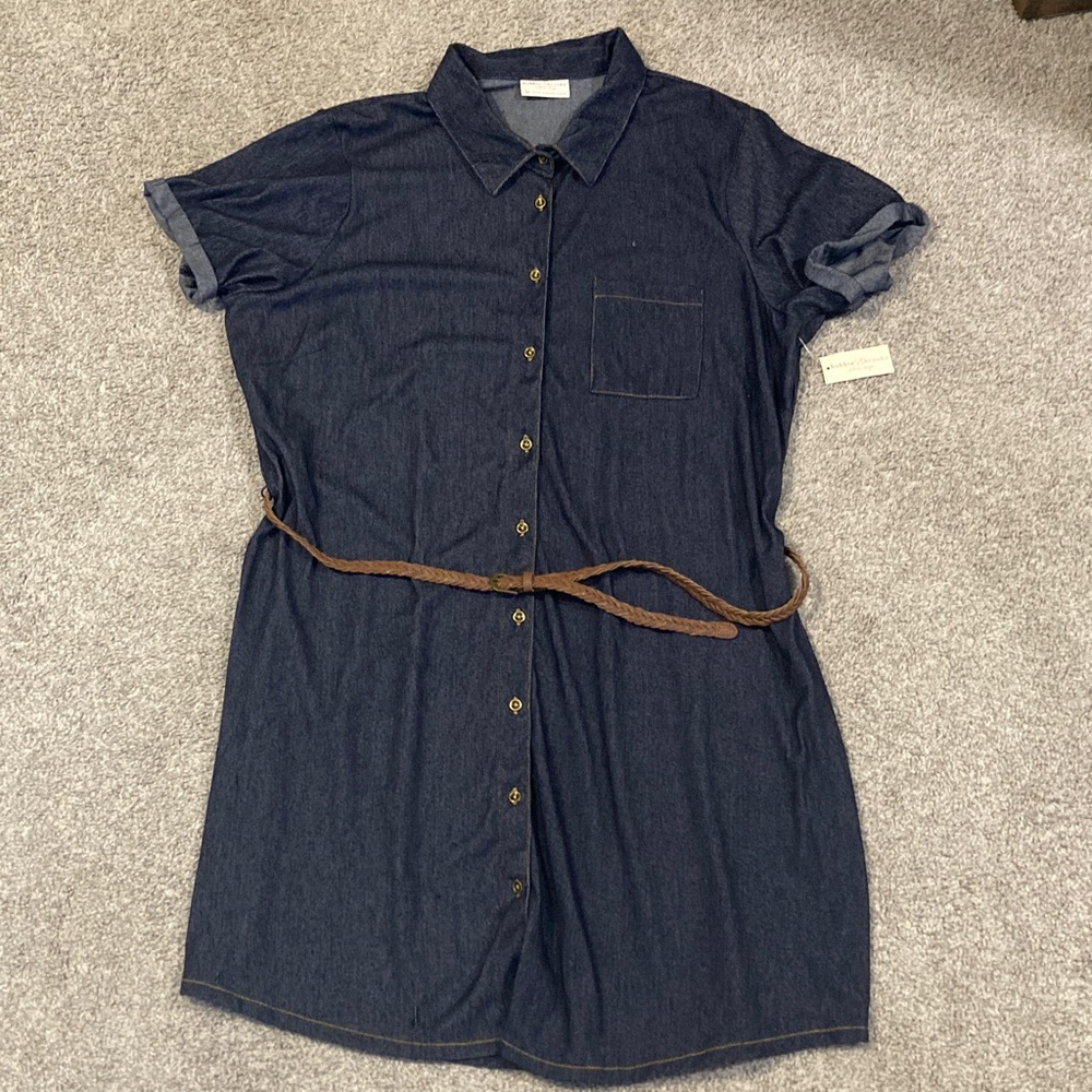 Denim Shirt Dress with Brown Belt